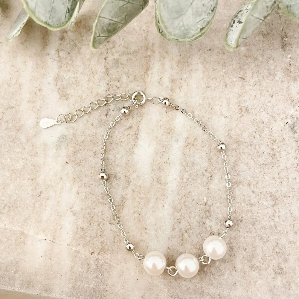 925 Sterling Silver Dainty Pearl Bracelet Bead Bracelet Stackable Bracelet - Picture 2 of 5